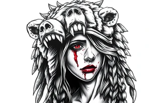 Beautiful Womans with red eyes, shedding a tear, with battle scars and blood on face, wearing a mean looking bear headdress on head tattoo idea