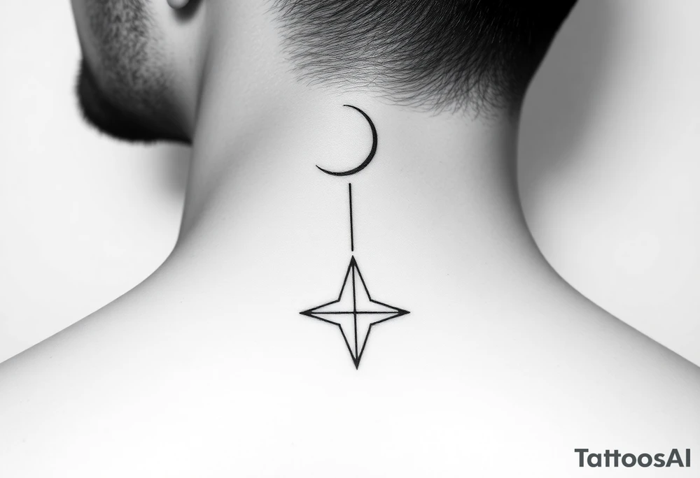 A minimalist crescent moon neck tattoo with a sleek, modern design. The crescent moon is positioned at the top, curving to the left, with a thin, clean line. Below the moon, there is a vertical line intersected by a sharp, star-like shape with four points. The star shape has elongated top and bottom points, giving it a clean, symmetrical look. The tattoo is placed behind the ear, following the natural curve of the neck. The lines are crisp and delicate, creating a stylish, celestial vibe." tattoo idea