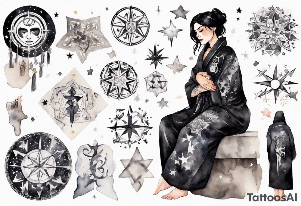 a beautiful black-haired middle-aged woman dressed in a black and white Nordic robe, feet wrapped in bandages, surrounded by stars tattoo idea