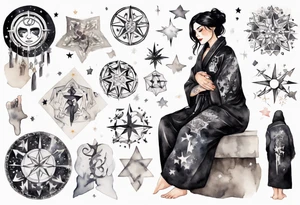 a beautiful black-haired middle-aged woman dressed in a black and white Nordic robe, feet wrapped in bandages, surrounded by stars tattoo idea