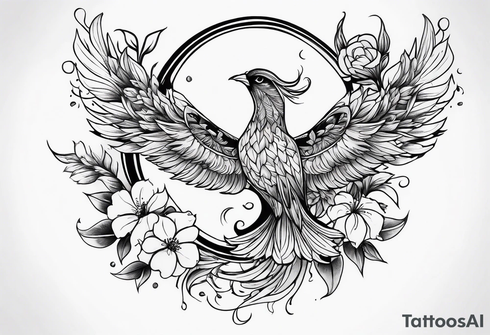 Phoenix with flowers but feminine not too realistic tattoo idea