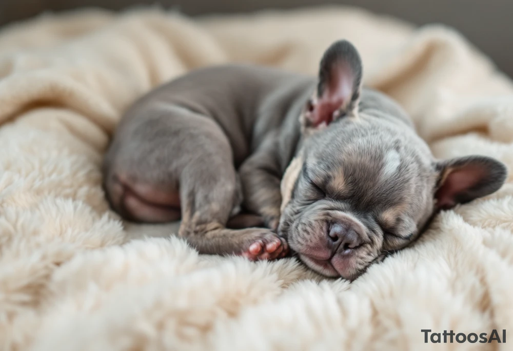 Sleeping French Bulldog puppy curled up in a ball, with light gray fur and subtle cream highlights, set on a cozy pillow. tattoo idea