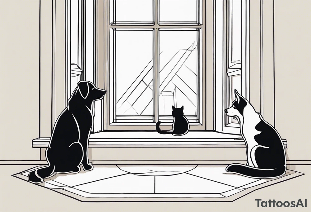 dog and cat sitting on floor and looking out octagonal window together tattoo idea