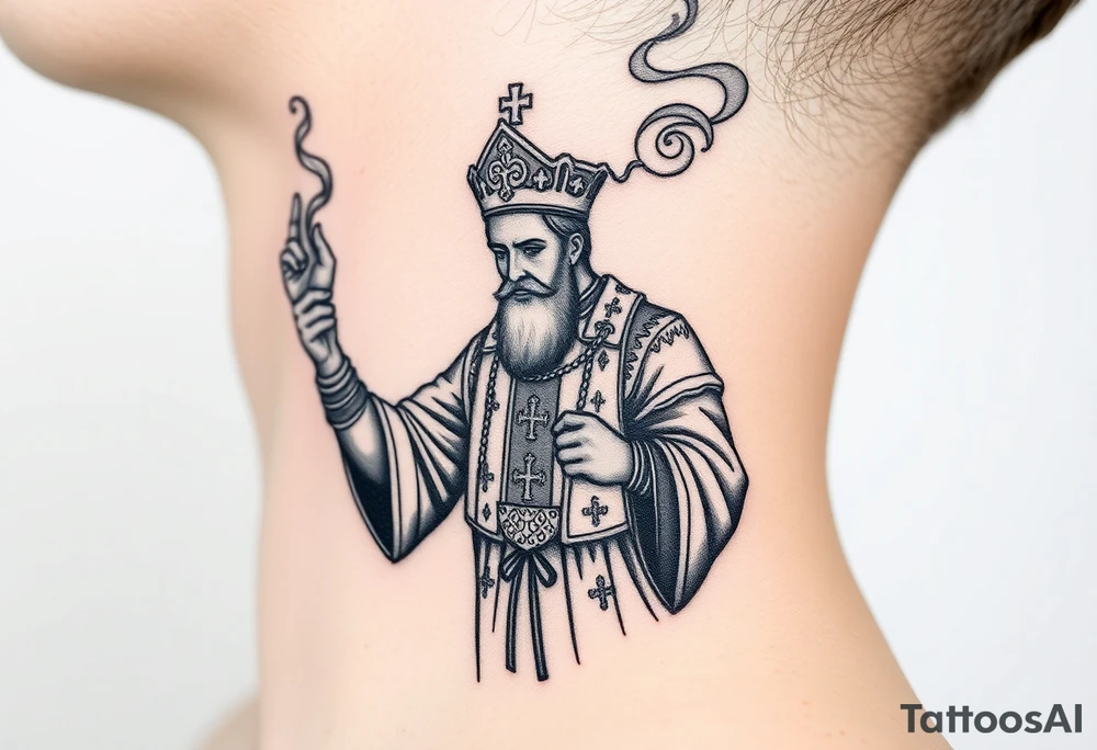 Russian Orthodox Priest in a fully detailed gold vestment swinging a censer with smoke curling upward tattoo idea