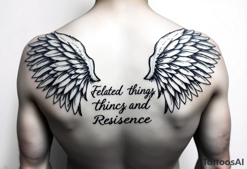 angel wings with related things and resilience written tattoo idea