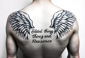 angel wings with related things and resilience written tattoo idea