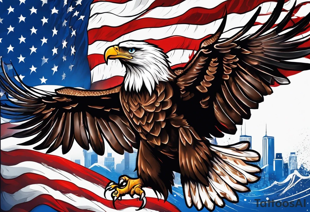 Eagle grabbing america flag with red white and blue blood on talons. tattoo idea