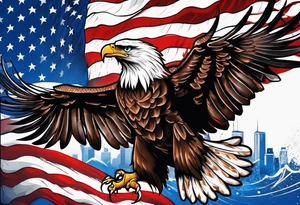 Eagle grabbing america flag with red white and blue blood on talons. tattoo idea