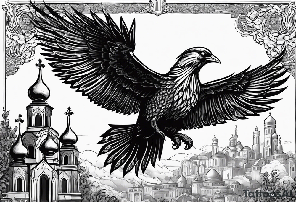 russian firebird in-flight with fancy tail and small onion cap monastery towers in background, with "Isaiah 43: 18-19" tattoo idea