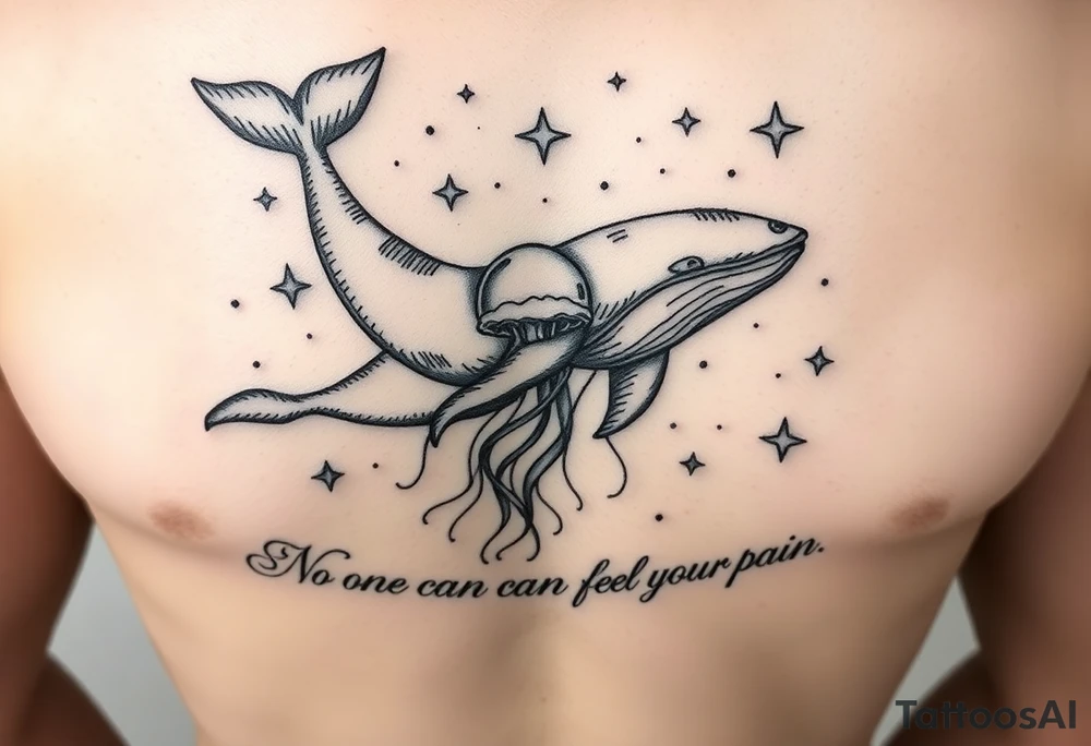 52hz Whale and jellyfish among the stars with the words No one can feel your pain 8x8 size tattoo idea