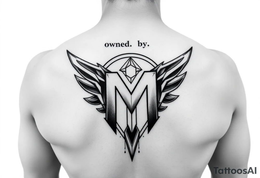 Futuristic Design
	•	Font: Angular or sci-fi-inspired font (e.g., Orbitron or Exan).
	•	Style:
	•	“owned by” is in clean, futuristic minor letters with no serifs.
	•	“M” is angular, bold, and centered with a slight 3D effect.
	•	Overall Shape: Sleek and cutting-edge, with a modern aesthetic tattoo idea