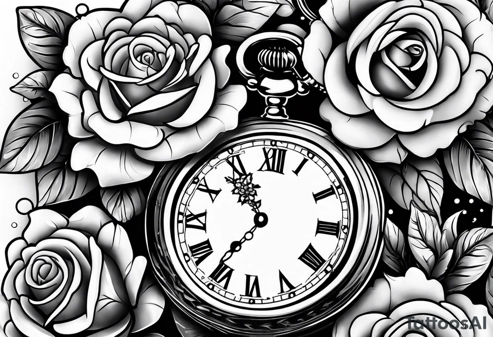 pocket watch with chain and roses tattoo idea