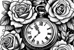 pocket watch with chain and roses tattoo idea