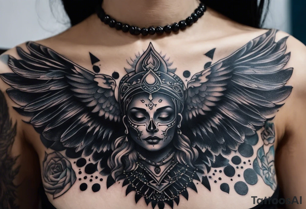 black kali, goddess pirate, alien, angel, pachamama, valkrye, warrior, flying, skull, lotus azul, wing, eagle, zenza resonance, stars, 5D, anahata chakra, death, durga, riding on a tiger, flying lady, chest tatoo tattoo idea