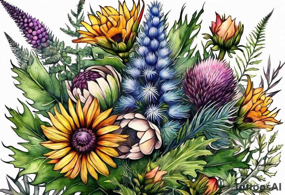 vertical mixed wildflower bouquet with ferns, thistle and with watercolor tattoo idea