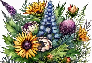 vertical mixed wildflower bouquet with ferns, thistle and with watercolor tattoo idea