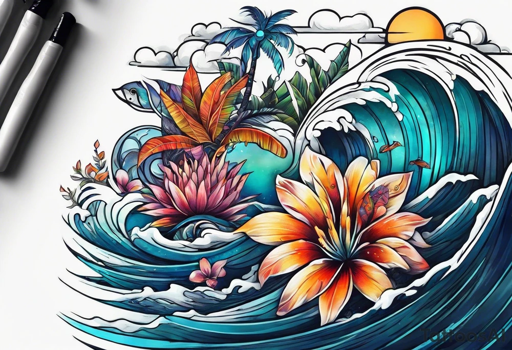sea,, night, flower, palm, tattoo idea