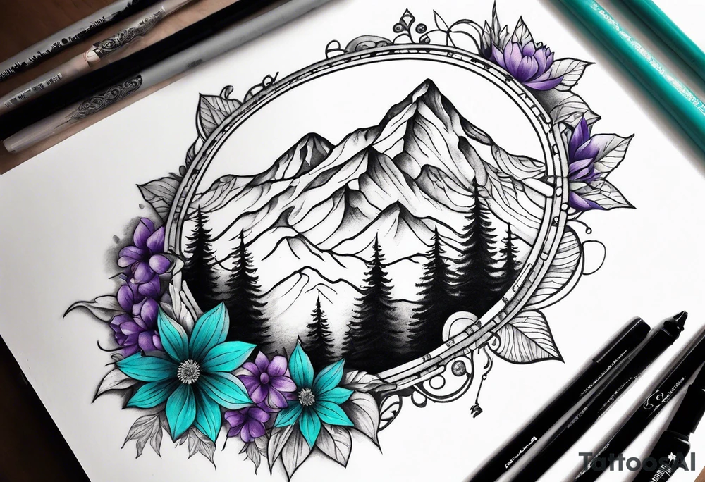 half sleeve tattoo on my shoulder. It features a mountain range, with a compass rose rising up from behind the mountain like a sunrise. In front of the mountains, there are purple and teal flowers. tattoo idea