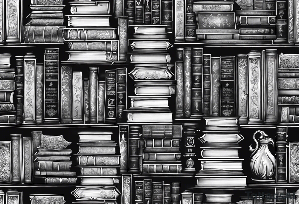 Stacked books with Harry Potter, twilight, hunger games, throne of glass and zodiac academy tattoo idea