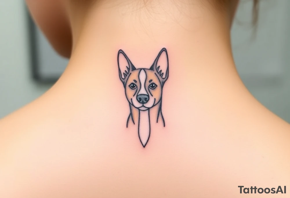 One line tattoo of female dog with white strip going up dog’s snout slightly off centered. With young slightly out tattoo idea