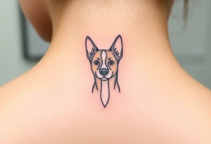 One line tattoo of female dog with white strip going up dog’s snout slightly off centered. With young slightly out tattoo idea