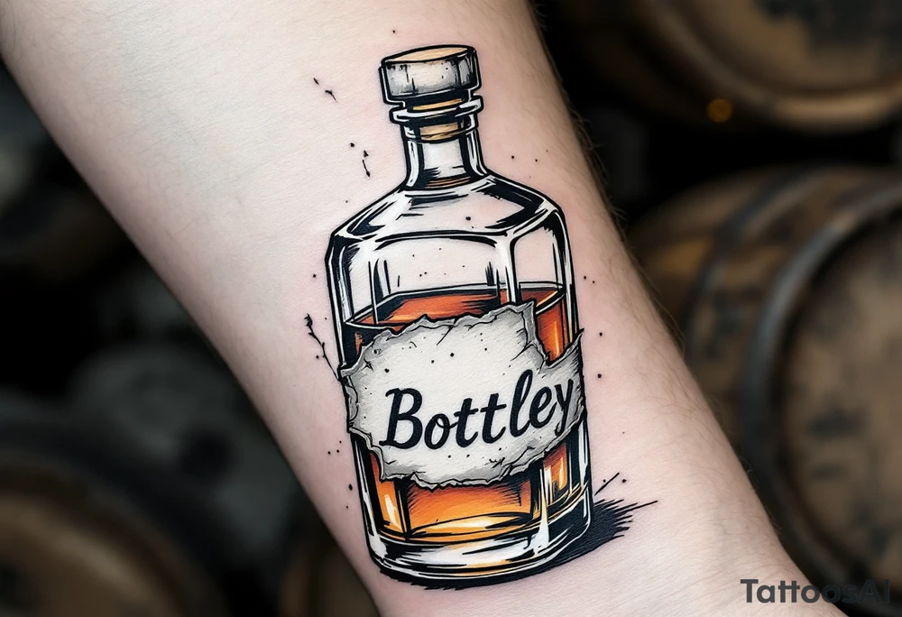 Vintage Whiskey Bottle – A detailed glass whiskey bottle with an aged, torn label. Warm amber liquid inside, with highlights and shadows to show transparency. Surrounded by barrel wood texture in the background. tattoo idea