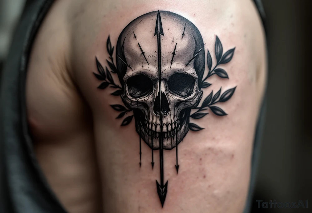 a skull whose head would be pierced by needles that under the face come down a long arrow and surrounded by a olive tree leaf around tattoo idea