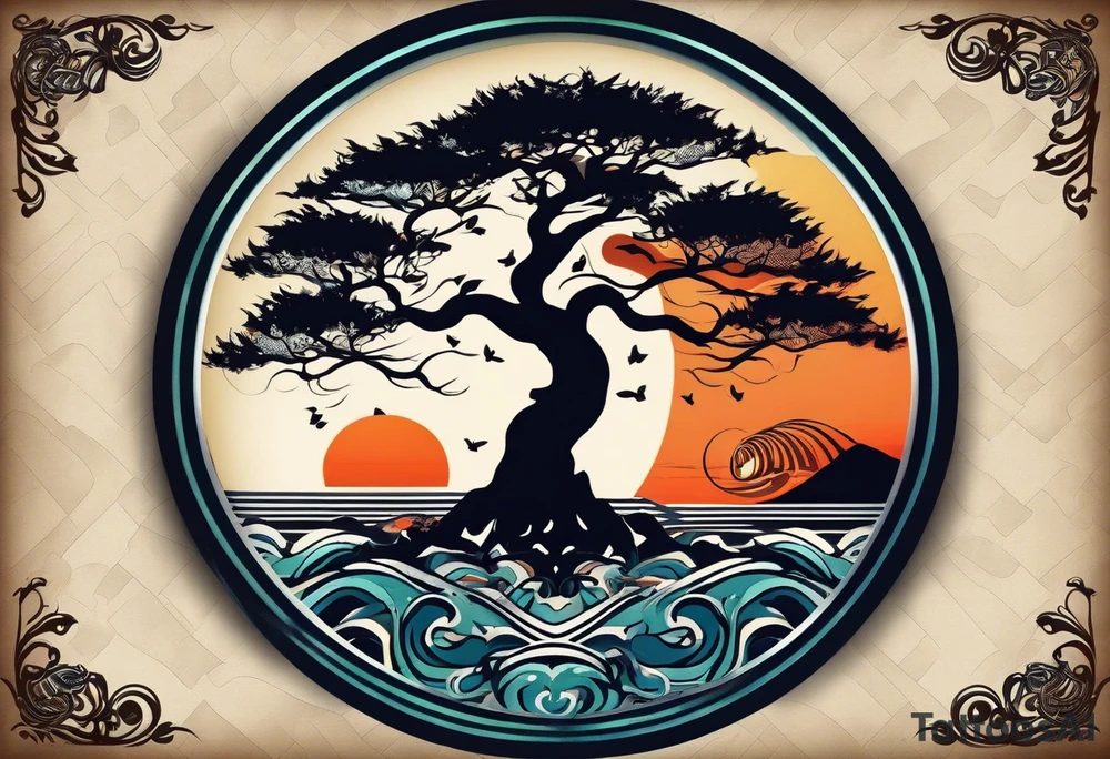 an abstract Tree of Life tattoo. It should have roots growing out of the bottom. The roots slowly turn into water from the Great Wave by Hokusai. A golf flag should be placed discreetly growing out of the ground. 2 license plate tags should be hanging from the tree. Place a few music notes in the areas the leaves should be. The letters A U should be engraving into the tree trunk in a heart. Not inside a circle. The overall shape of the tattoo should be organic. Black and white only. tattoo idea