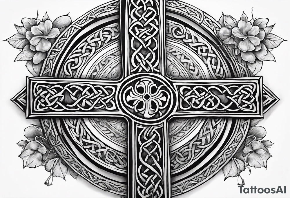 Celtic cross, shamrock in center of cross, one Indian feather hanging from each side arm of cross tattoo idea