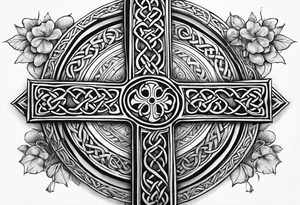 Celtic cross, shamrock in center of cross, one Indian feather hanging from each side arm of cross tattoo idea