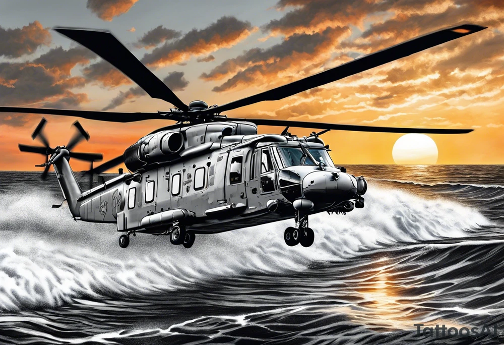 canadian military grey helicopter cyclone CH-148, a helicopter flying over rough water, Clear sky, sunset
, military art, ocean specular, highly detailed background, tattoo idea
