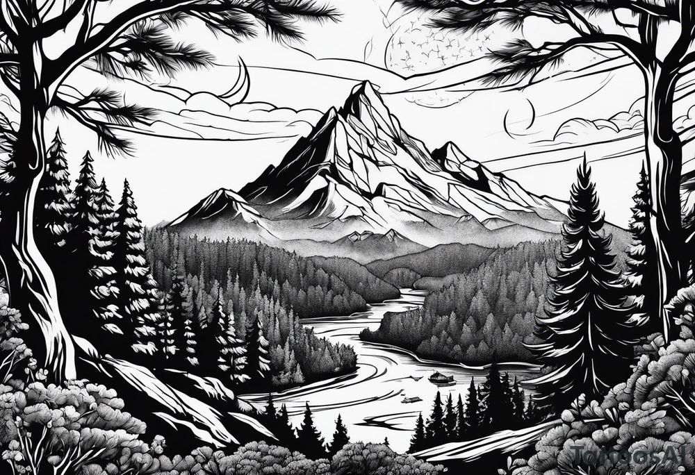 A space mountain landscape overlooking a forest tattoo idea