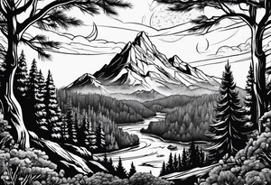 A space mountain landscape overlooking a forest tattoo idea