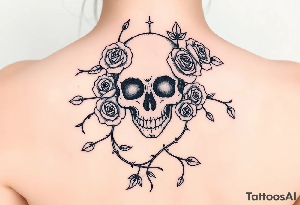 gothic skull intertwined with climbing roses and thorny vines tattoo idea