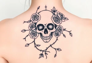 gothic skull intertwined with climbing roses and thorny vines tattoo idea