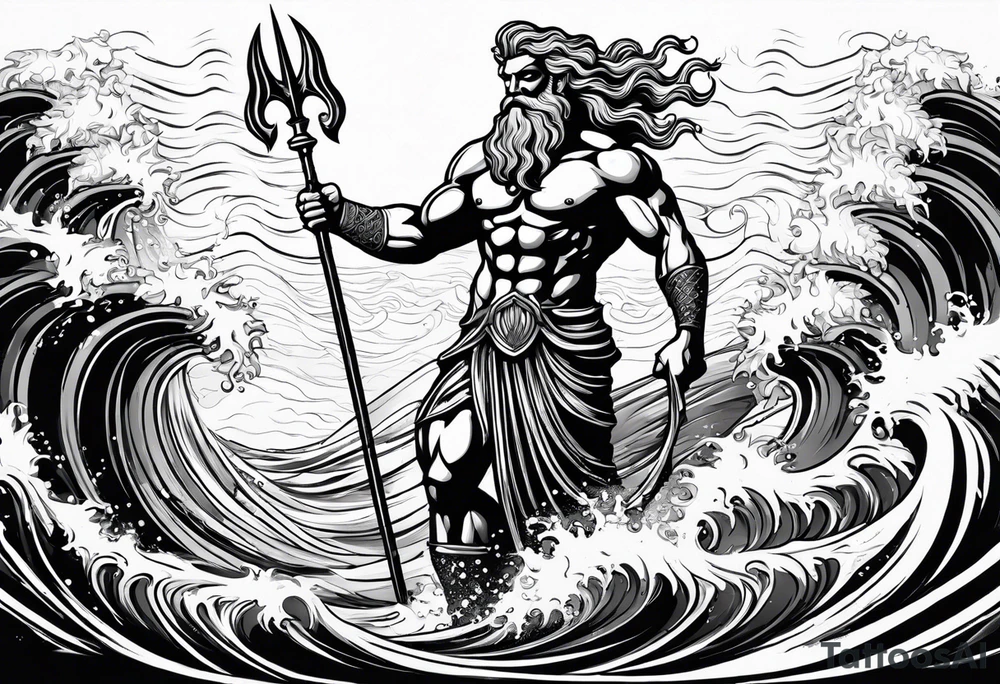 An image of Poseidon holding his trident with waves in the background. tattoo idea