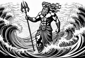 An image of Poseidon holding his trident with waves in the background. tattoo idea