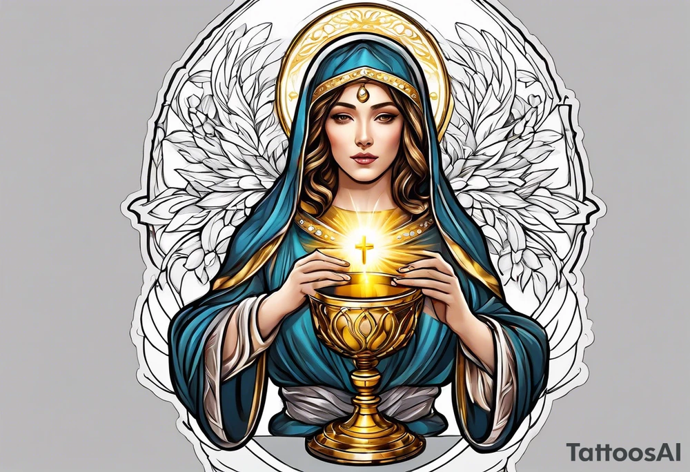 holy saint woman with golden halo holding a chalice tattoo idea