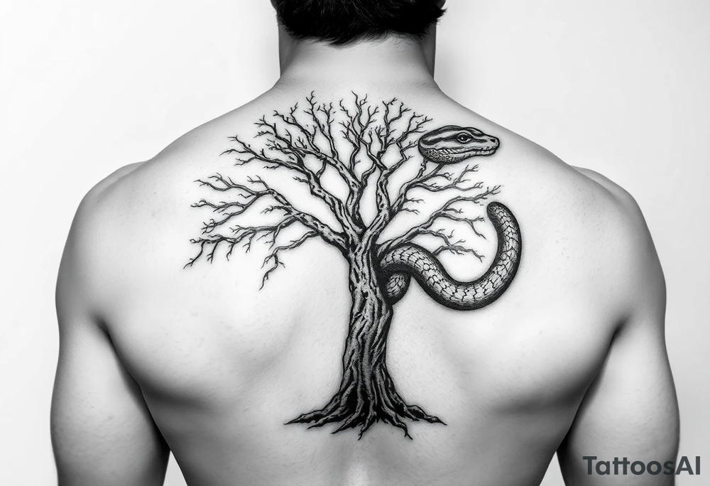"I want a tree tattoo on my back, with a snake wrapping around the tree and continuing up over my right shoulder, ending with its head on my left shoulder." tattoo idea
