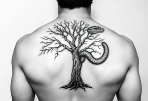 "I want a tree tattoo on my back, with a snake wrapping around the tree and continuing up over my right shoulder, ending with its head on my left shoulder." tattoo idea