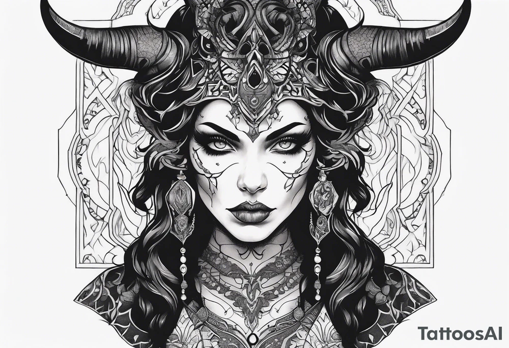 Detailed portrait of a demonic woman tattoo idea