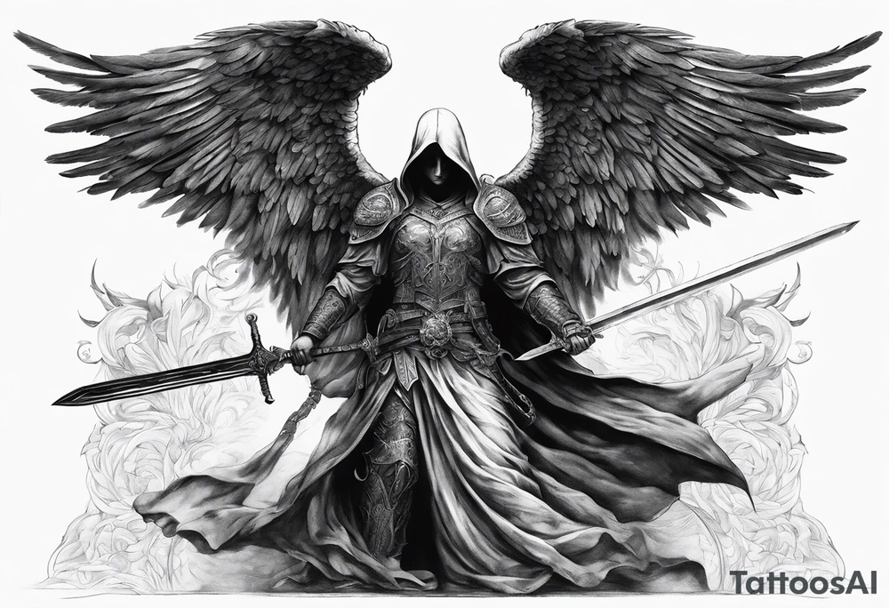 realistic full body of angel of death, fwithout face, holding one sword by both hands, sword is vertically pointing downwards tattoo idea