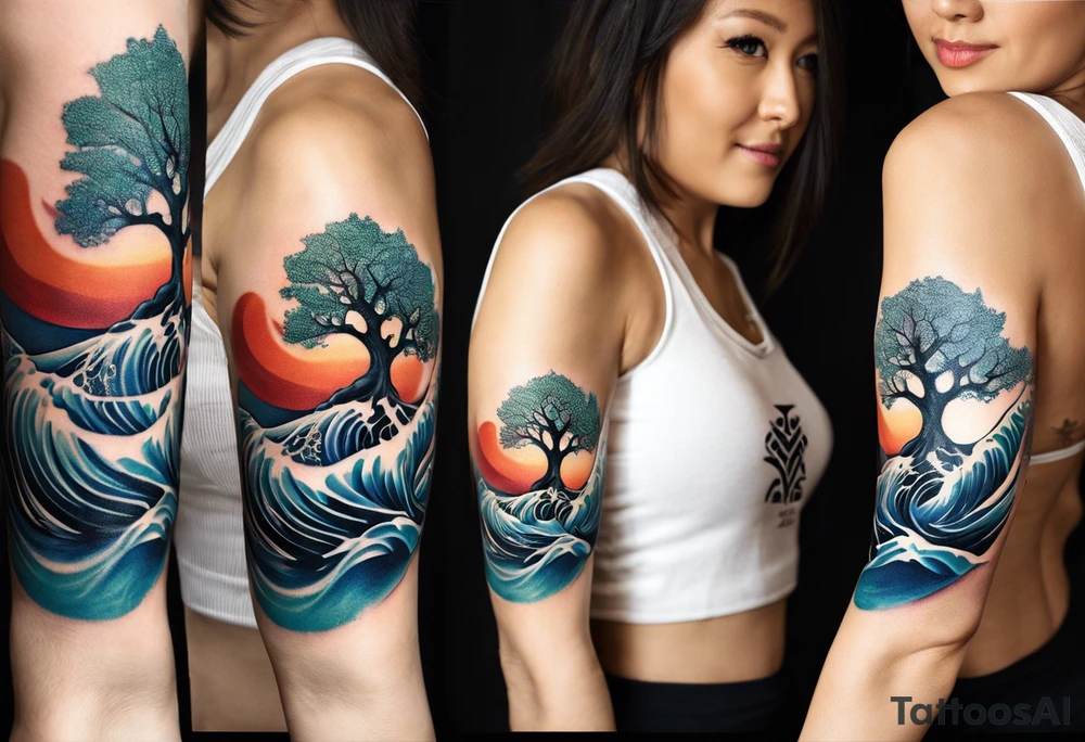 A tattoo of an abstract Tree of Life tattoo to be placed directly on the bicep of a woman. It can wrap around the arm a little. It should have roots growing out of the bottom. The roots slowly turn into water from the Great Wave by Hokusai. A golf flag should be placed discreetly growing out of the ground. 2 license plate tags should be hanging from the tree. Place a few music notes in the areas the leaves should be. The letters A U should be engraving into the tree trunk in a heart. Not inside a circle. The overall shape of the tattoo should be organic. Black and white only. tattoo idea