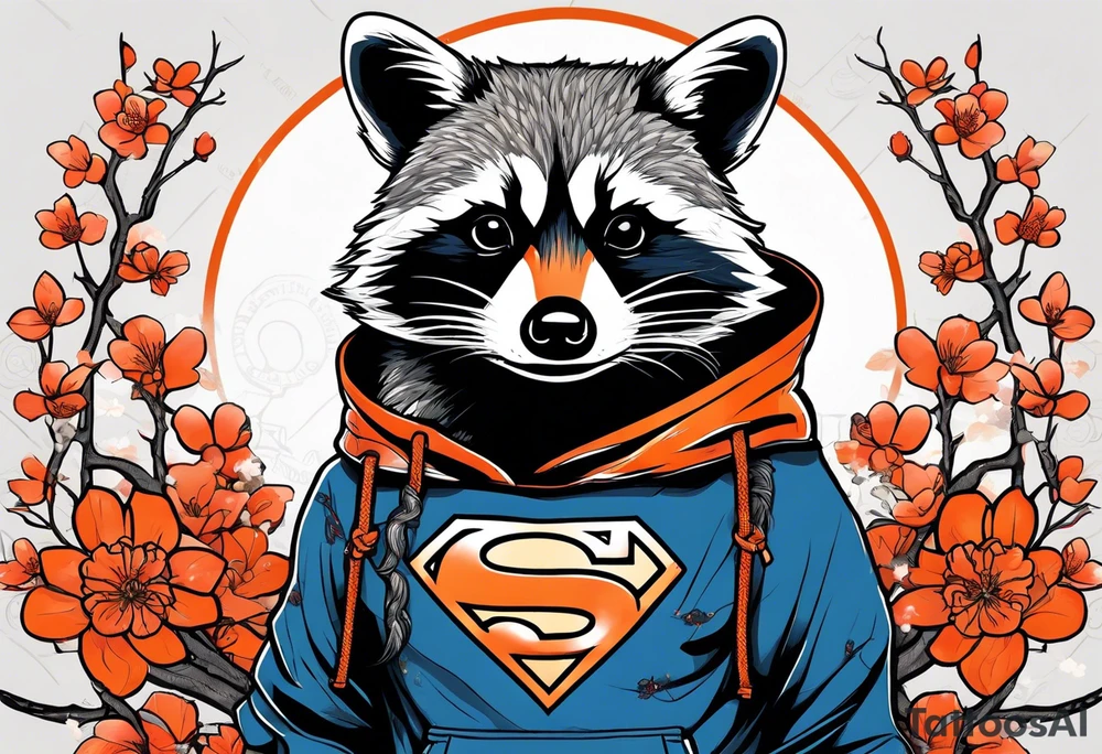 raccoon wearing a black and white Superman hoodie and orange Japanese cherry blossoms tattoo idea