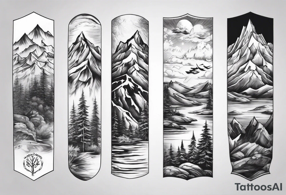 men’s arm sleeve mountains branches tattoo idea
