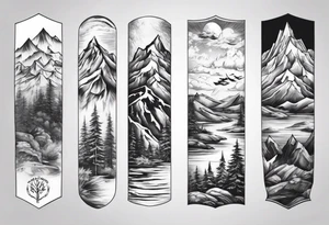 men’s arm sleeve mountains branches tattoo idea