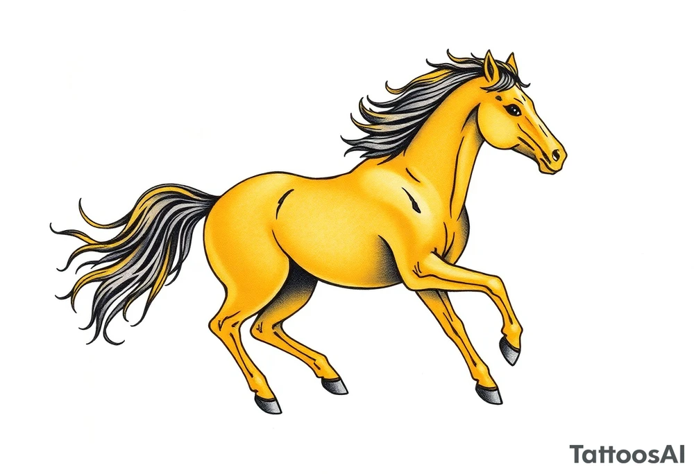 The tattoo represents a supernatural encounter with a golden horse with jet-black fur in the mountains of Choquequirao (Cusco, Peru). This mysterious, fleeting horse symbolizes strength, energy, and spiritual rebirth. It appeared at full speed, its hooves shaking the ground, its breath so powerful it drowned out all other sounds. The narrator felt no fear, only awe as the horse took a perfect curve, muscles tense, radiating power and grace. Its presence transformed the narrator, giving them the energy to complete an exhausting trek and leaving them with a profound connection to something greater. The tattoo aims to capture the essence of this moment: strength, speed, beauty, and the spirit of the mountain. For the design, consider drawing inspiration from Japanese tattoo art, known for its dynamic representation of animals like koi fish and dragons, emphasizing fluidity, movement, and symbolic power. tattoo idea