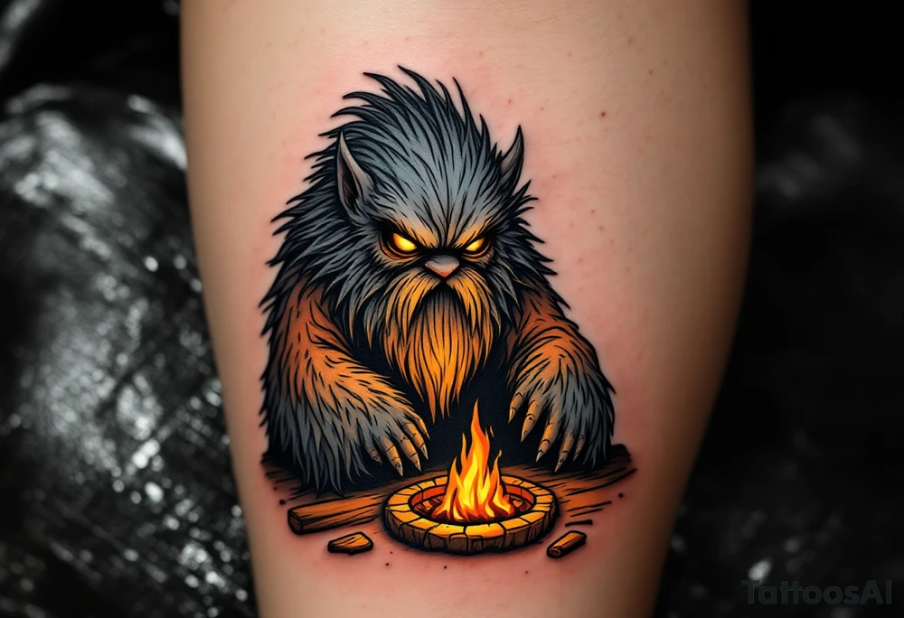 Domovoi Spirit – A small, bearded creature in fur and linen with glowing yellow eyes, sitting by a hearth with amber flames and wooden textures in brown and ochre. tattoo idea