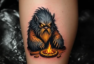 Domovoi Spirit – A small, bearded creature in fur and linen with glowing yellow eyes, sitting by a hearth with amber flames and wooden textures in brown and ochre. tattoo idea