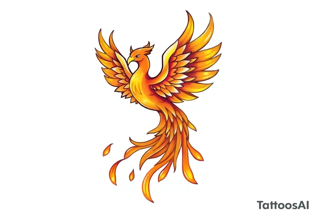 magnificent phoenix rising from golden flames with trailing embers tattoo idea